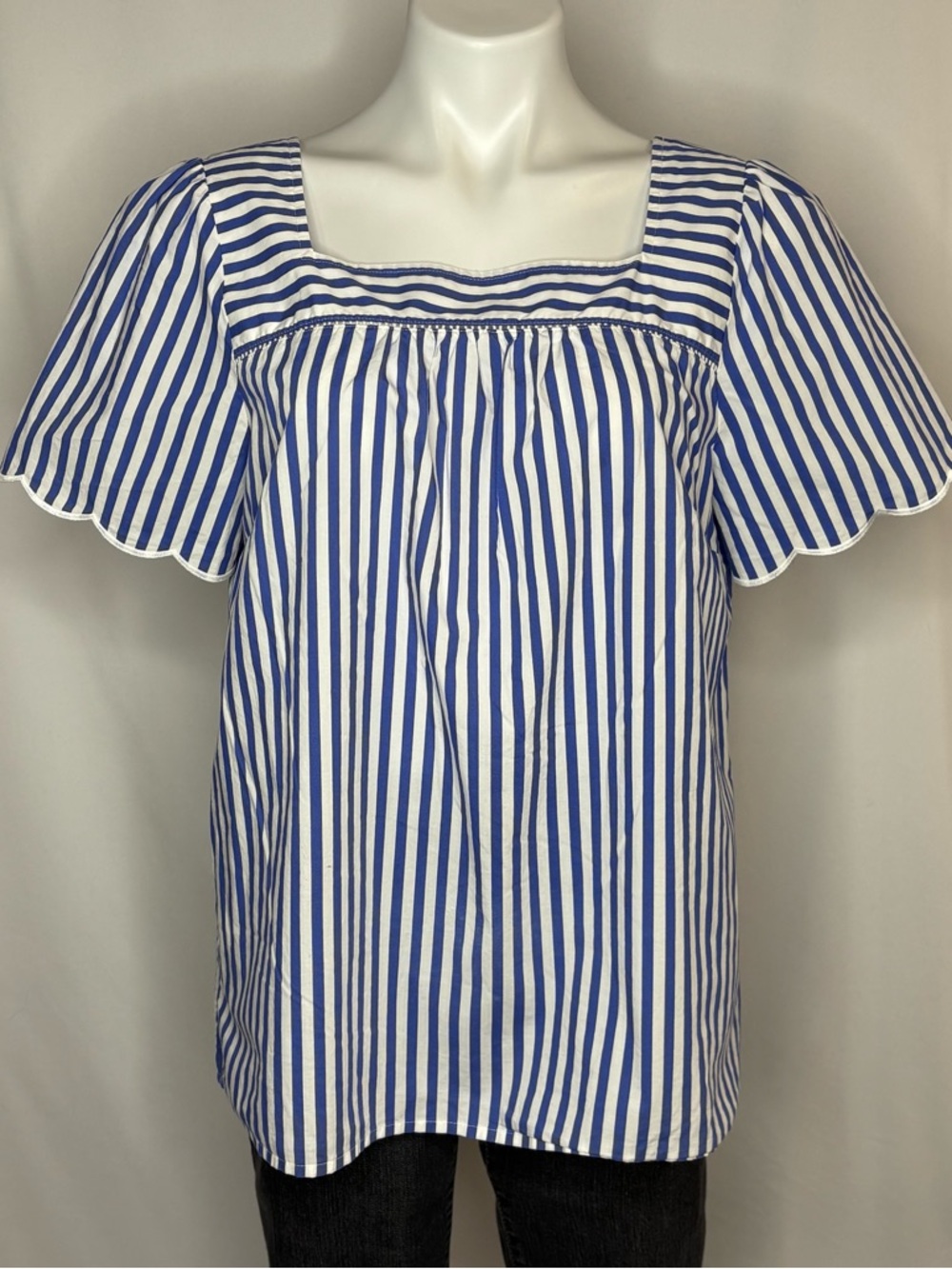 Talbots Blue & White Striped Cotton Blouse with Scolloped Flutter Sleeves, Large